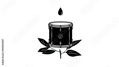 Black and white minimalist illustration of a drum set with a falling water droplet and plant leaves