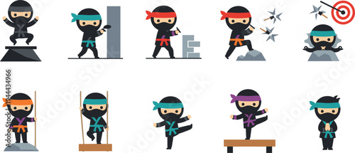 Cartoon Ninja Warrior Character Vector Set with Martial Arts Fighters, Shuriken Throwing, Stealth Action, and Japanese Ninja Training Illustration