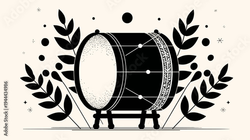 Monochrome illustration of a drum surrounded by leaves and other stylized elements