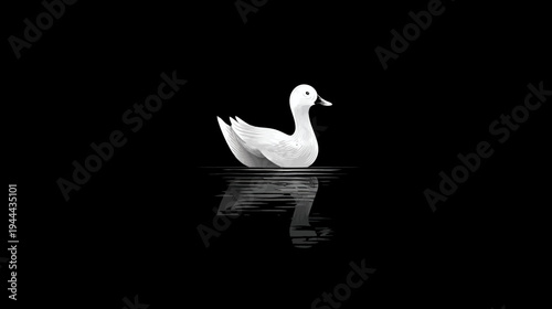 A white duck floats serenely on water against a stark black background, with a detailed reflection