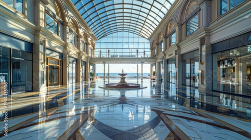 Grand Interior of a Modern Shopping Mall with Glass Roof and Central Fountain.