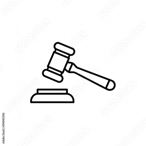 Simple line drawing of a gavel and sounding block on white