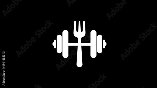 A simple, white graphic illustration of a fork centered with two dumbbells on a black background