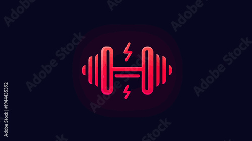A stylized vector illustration featuring a red dumbbell icon with lightning bolts on a dark gradient background