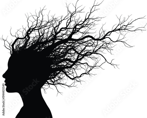 Surreal silhouette of human head with branching tree hair design symbolizing creativity, imagination, mental growth, and connection to nature in conceptual artistic illustration
