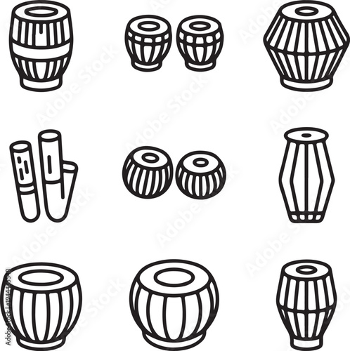 Indian percussion musical instruments icons set outline tabla drums
