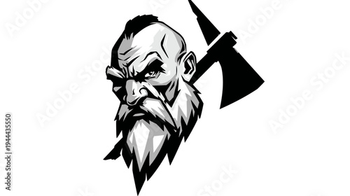 A grayscale illustration of a warrior's head, featuring a beard, mohawk, and axe