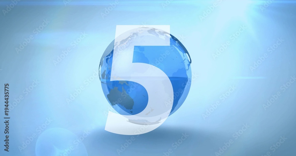 Naklejka premium Displaying centered blue globe overlaid by translucent white 5 in digital studio, with lens flare