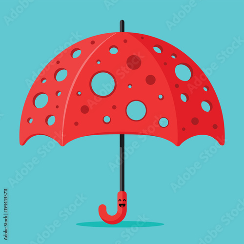 A whimsical red umbrella featuring a playful Swiss cheese-like design with many holes, casting a subtle shadow on a light blue background