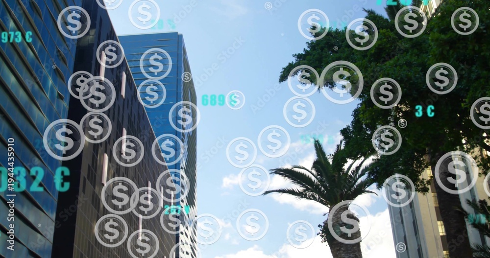 Fototapeta premium Floating currency overlay hovering over street canyon with glass towers, palm tree, dollar signs