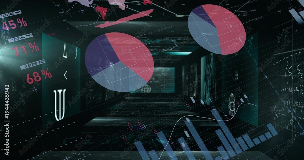 Fototapeta premium Projecting cluster overlaying vertical bar graphs inside data corridor with two large pie charts