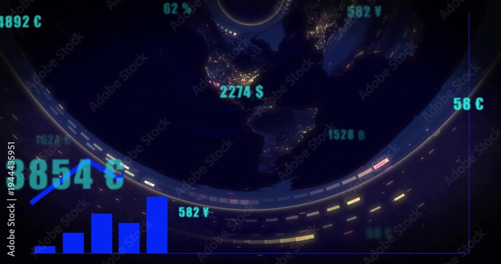 Obraz premium Displaying globe showing night lights over Americas, with floating numbers $¥€, ribbon, blue bars