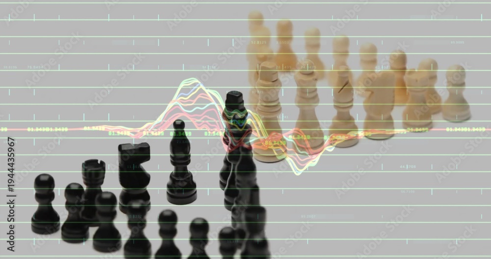 Fototapeta premium Featuring black chess pieces confronting tan pieces on reflective tabletop, with waveform overlay