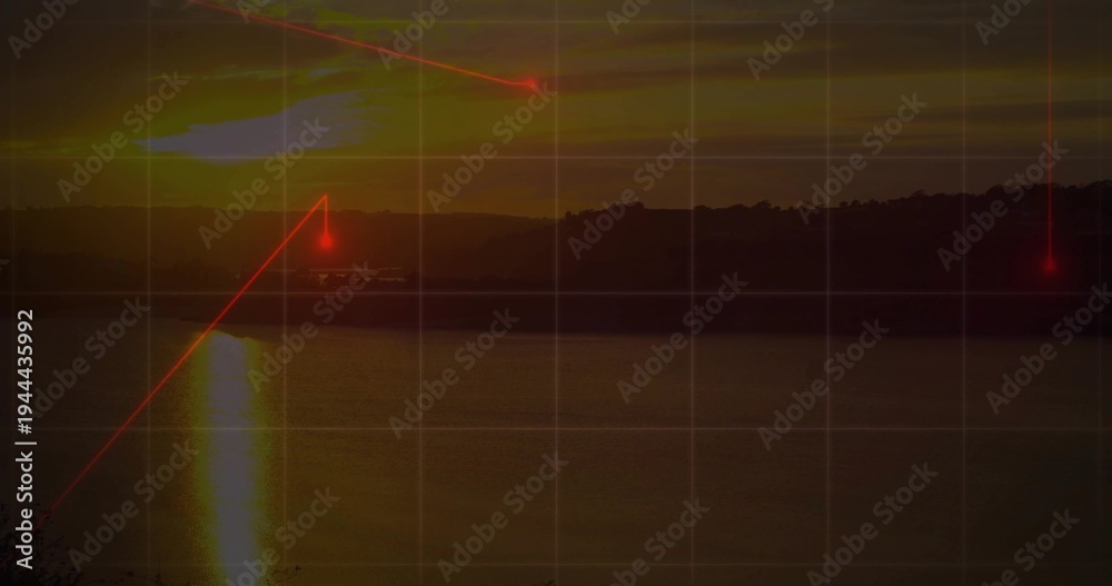 Obraz premium Sinking sun sending vertical reflection across calm lake at dusk, with grid overlay and red lasers