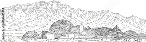 Geodesic domes and a pyramid structure in front of mountainous terrain