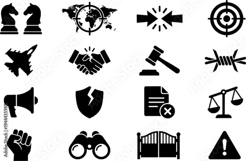 Geopolitical Tension and Global Conflict Black Silhouette Icon Set