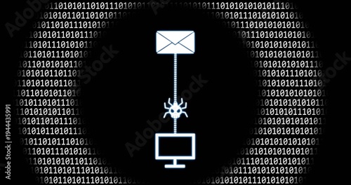 Connecting envelope spider monitor icons pulsing along segmented line in circular cyber ring