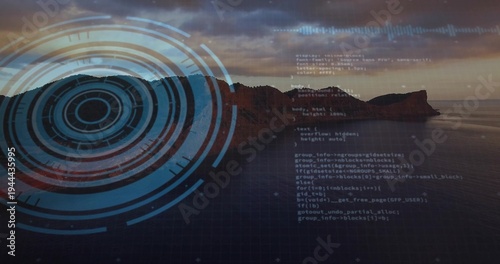 Cuadro en lienzo Casting horizon glow and activating concentric HUD rings, rocky headland glowing
