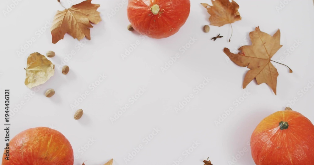 Naklejka premium Autumn flat-lay featuring pumpkins, dried leaves, acorn seeds, twigs on flat white surface