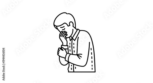 Man coughing or sneezing, covering mouth with hand, feeling unwell, illness concept