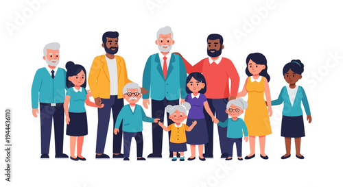Diverse Multi-Generational Family Portrait with Grandparents and Children. Unity, Support, and Community Flat Vector Illustration.