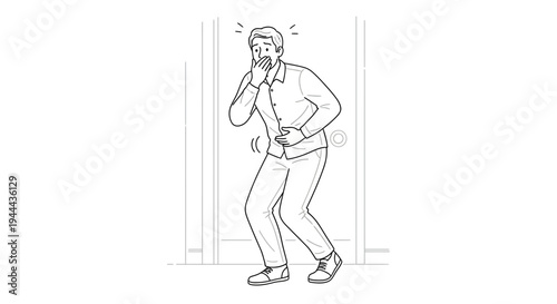 Man feeling sick, holding stomach and covering mouth, urgent need to vomit, standing by door