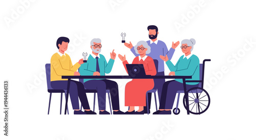 Intergenerational Team Brainstorming Ideas. Diverse Group, Including Seniors and Young Adults, Collaborating on Innovation and Solutions at a Meeting.