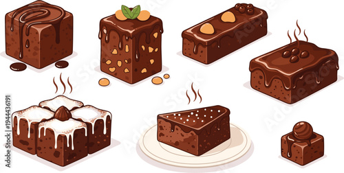 Chocolate brownie dessert collection with nuts icing and toppings sweet bakery food cartoon style flat vector illustration set