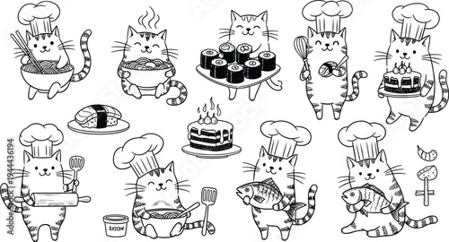 Cute Chef Cat Cooking Vector Illustration Set with Sushi, Noodles, Cake, Fish and Kitchen Utensils Cartoon Kitty Baker Characters