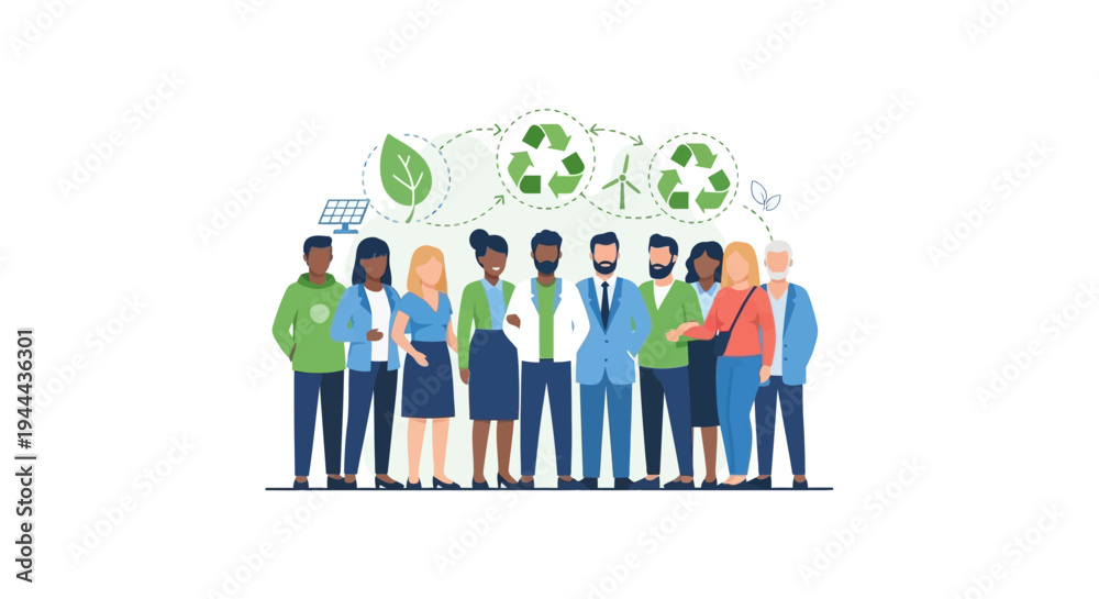 Fototapeta premium Diverse Team Promoting Sustainability and Green Energy Solutions with Environmental Icons