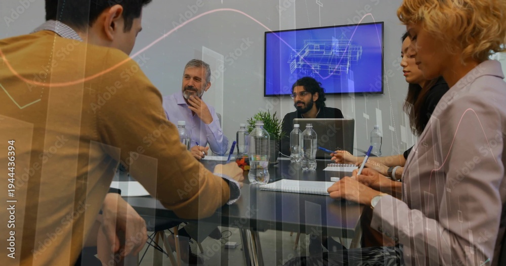 Naklejka premium Analyzing five team members in blazers taking notes at conference table, with laptop and monitor