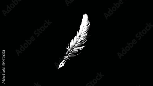 A white feather stylized as a quill pen against a stark black background