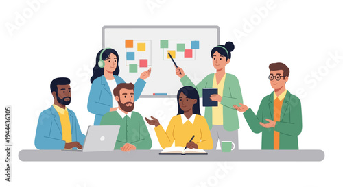 Diverse Business Team Collaboration in Productive Office Meeting. Professionals Brainstorming, Discussing Project Management with Whiteboard & Sticky Notes.