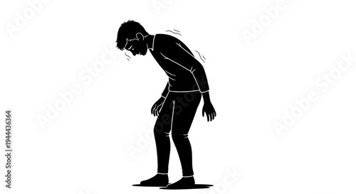 Man with bad posture, hunched over, looking down, isolated on white background