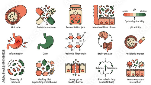 Set of 16 gut health icons vector
