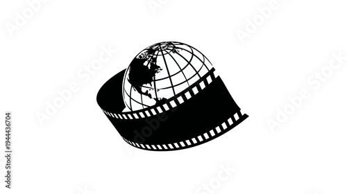 Black and white illustration of a globe centered in a film strip, set against a blank white backdrop