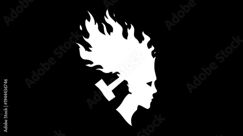 A silhouette of a female figure with hair that flows like flames, holding a tool