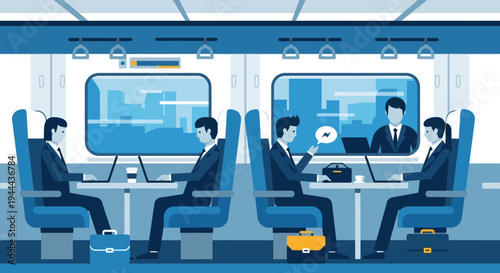Business People Working on Laptops inside a Modern Train Carriage