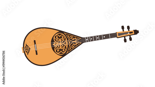 Detailed illustration of a traditional mandolin musical instrument featuring ornate wooden patterns and four pairs of strings.