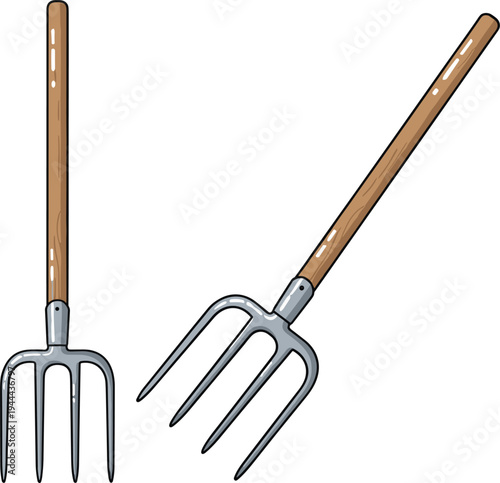 Garden pitchfork tool with wooden handle and metal prongs, farming and gardening equipment illustration isolated on background vector design