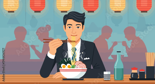 Businessman Eating Ramen Noodles at Japanese Restaurant