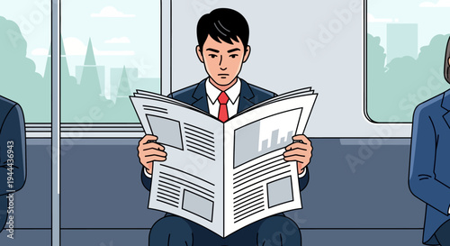 Businessman Reading Newspaper on Commuter Train