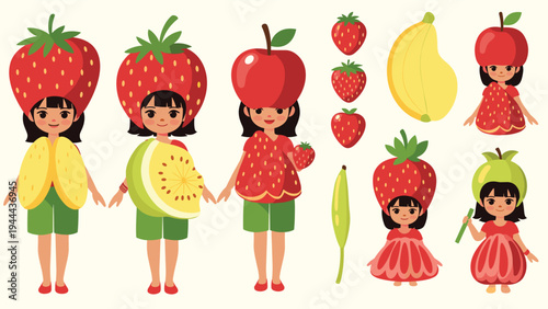 Group of cute young girls dressed in fun fruit themed costumes including strawberry, apple, banana, and citrus fruit.