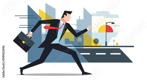 Businessman running to work in modern city vector illustration