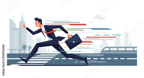 Businessman Running Fast with Briefcase in City