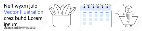 Business planning, online shopping, scheduling, product development, project management, nature. Icons include a potted plant, calendar 3D cube and shopping cart. Business planning and online