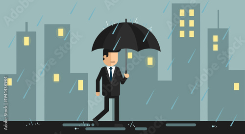 Businessman Walking in Rain with Umbrella in City