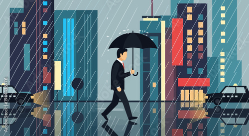 Businessman Walking in City Rain with Umbrella