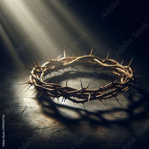 A crown of thorns illuminated by a divine golden ray of light in the dark interior of a sacred Gothic church on weathered wood - a symbol of Christian sacrifice, pain and atonement