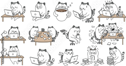 Cute Working Cat Office Life Vector Illustration Set with Laptop, Coffee, Meeting, Study and Busy Workplace Cartoon Kitty Characters